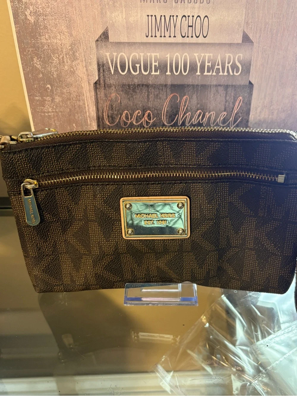 Michael Kors Brown Logo MK Wristlet with Gold Plate